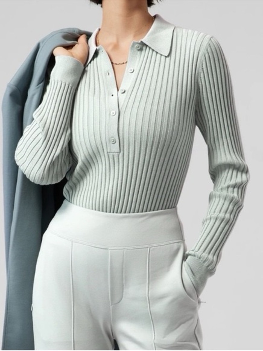 Athleta Mint Ribbed Long-Sleeve Polo Sweater